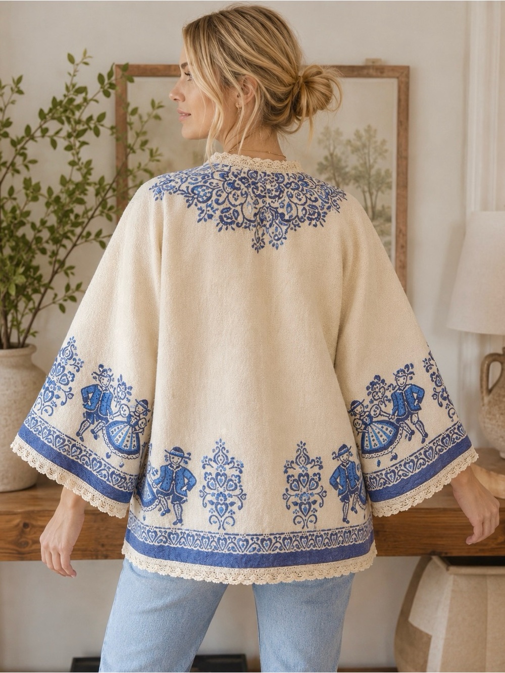 🧵 HANDMADE Embroidered Cream & Blue Boho Kimono Linen Blend Jacket O/S - Picture 14 of 15